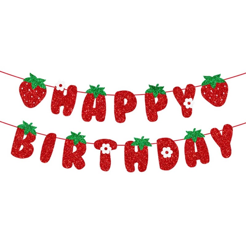 BIEUFBJI Strawberry Happy Birthday Banner, Glitter Strawberry Banner, Strawberry Theme Birthday Garland for Birthday Party Hanging Decorations - Image 1